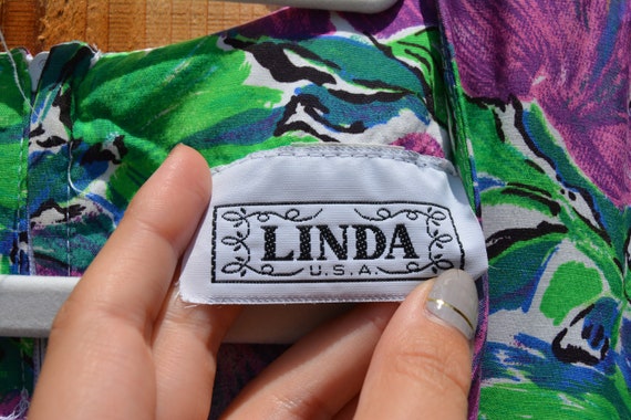 Vintage 1990s Linda USA Green Purple Floral Print… - image 3