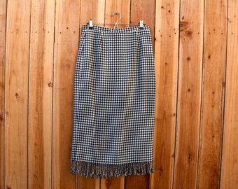 Vintage 1990s Requirements Petite Houndstooth Midi Pencil Skirt with Fringe