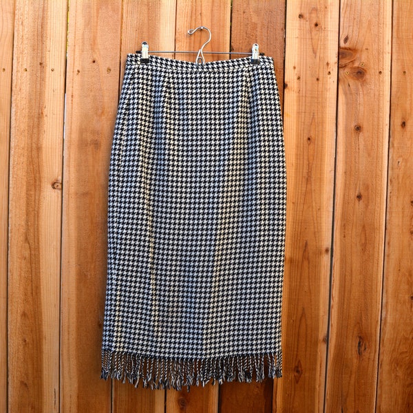 Vintage 1990s Requirements Petite Houndstooth Midi Pencil Skirt with Fringe