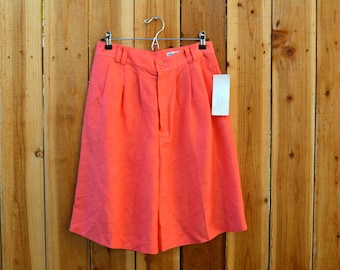 Vintage 1990s Y2K NWT Retrospettiva Coral Orange Linen Pleated High Waisted Shorts