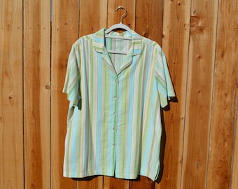 Vintage 1990s No Label Green Blue Striped Short Sleeve Button Down Shirt