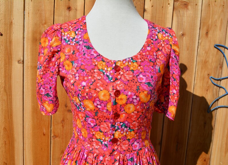 Vintage 1980s 1990s Homemade Pink Orange Floral Midi Dress image 2