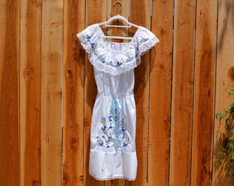 Vintage Y2K White Mexican Off the Shoulder Short Dress with Blue Flowers