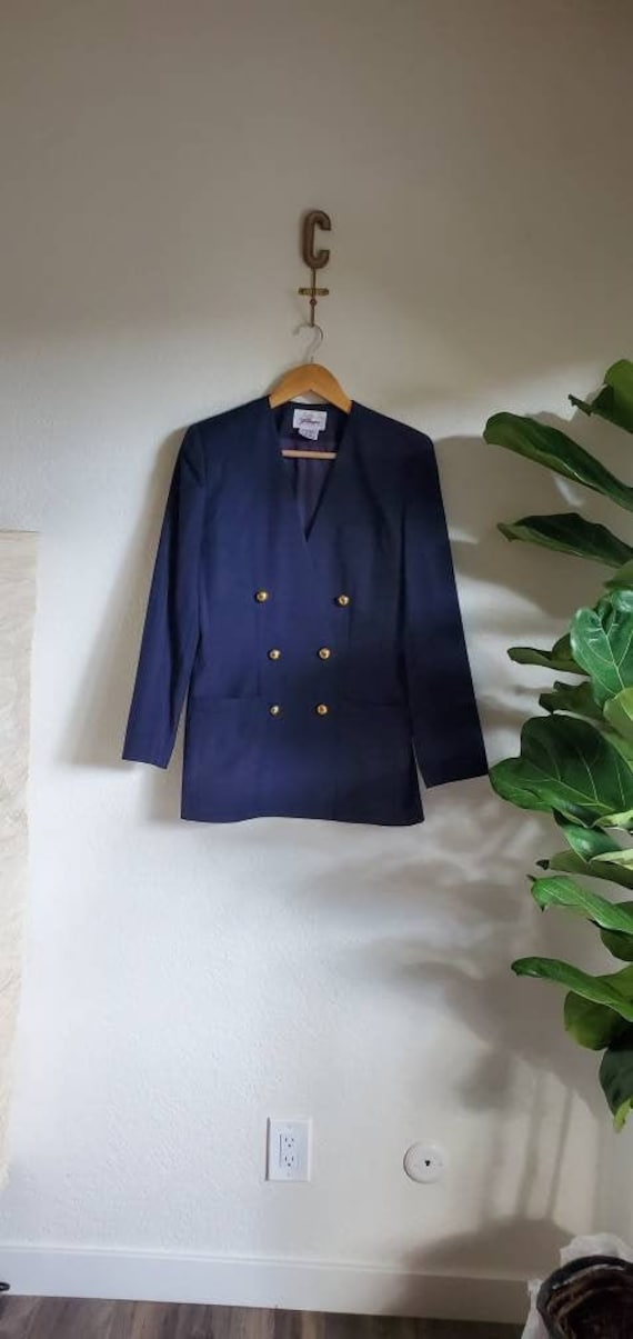 Vintage 1980s 1990s Navy Blue Striped Double Breas