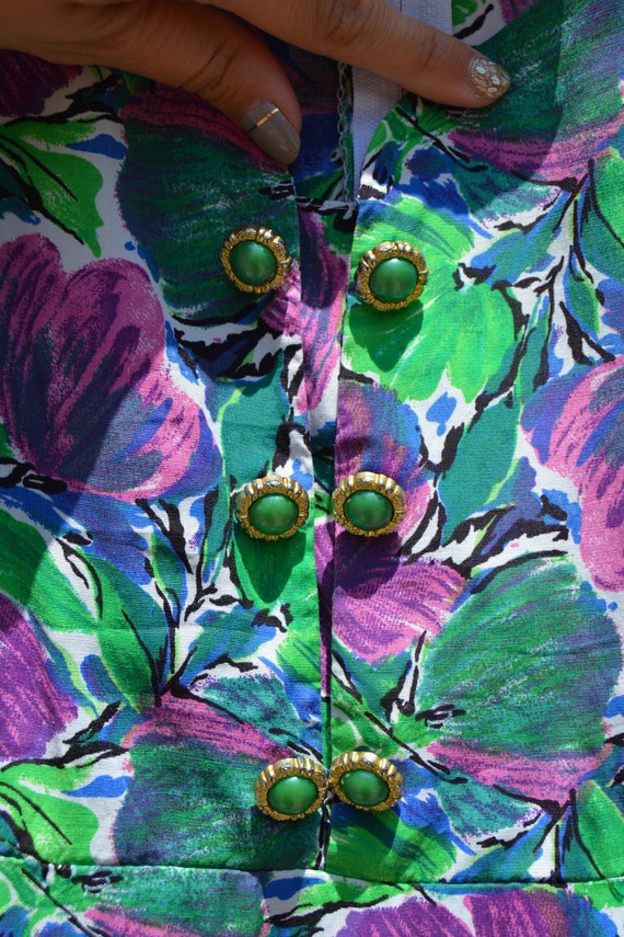 Vintage 1990s Linda USA Green Purple Floral Print… - image 2