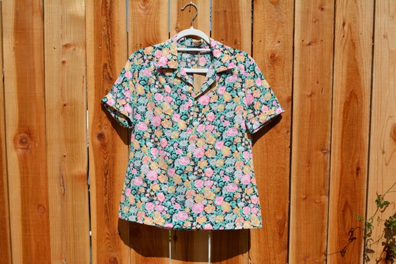 Vintage 1990s Panther Black Floral Short Sleeve P… - image 1