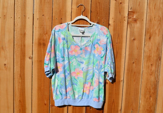 Vintage 1980s 1990s Koret Pastel Floral Banded Tee - image 1