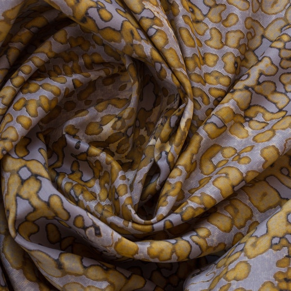 Silk satin, yellow grey pattern, Leo print similar, high fashion