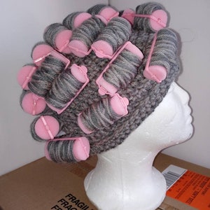 Crocheted old lady with curlers hat
