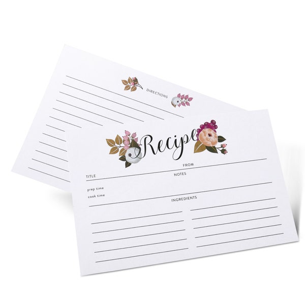 Fiches recettes | 55 cartes-recettes 4 x 6 recto-verso florales blanches | Ensemble de recharges | Mariage, baby shower, chef cuisinier, cadeau fête des mères