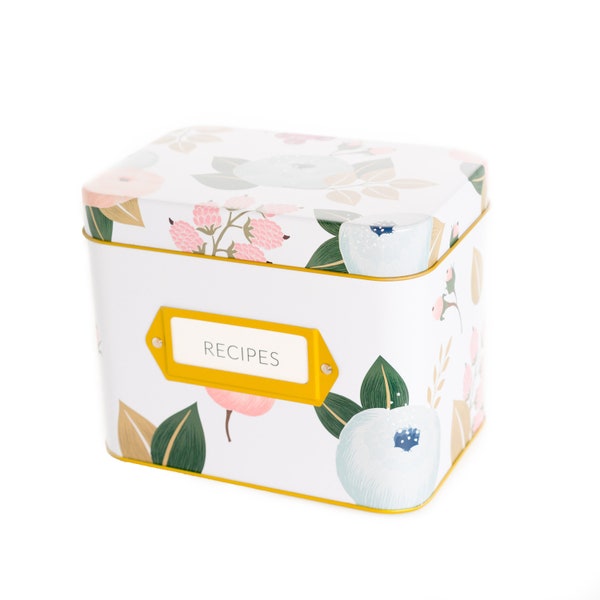 White Tin Floral Recipe Box With 24 Cards & 12 Dividers by Polite Society | Perfect Mother’s Day Gift!