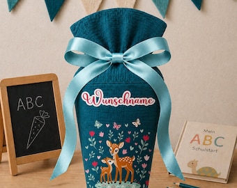Schultüte Rehkitz / Rehe, personalisierte Schultüte aus Stoff Musselin mit Wunschname individualisierbar, 70cm (85-90cm), 20 Grundfarben