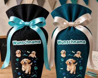 Dog-themed school cone, personalized muslin fabric school cone with custom name, 70 cm (85-90 cm), 20 basic colors