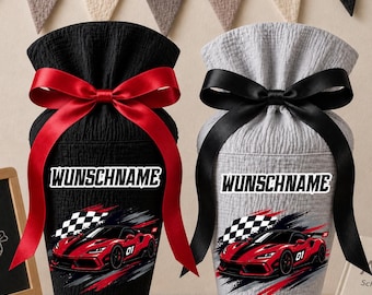 Race car school cone with personalized name, muslin fabric school cone, customizable with name, 70 cm (85-90 cm), 20 basic colors