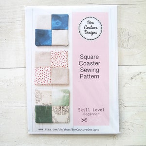 May include: A printable sewing pattern for square coasters. The pattern includes three different designs with fabric swatches. The pattern is for beginner sewers and is titled "Square Coaster Sewing Pattern".