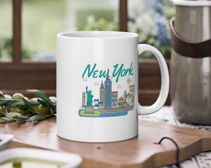 The New Yorker Large Ceramic Mug, New York City NYC Coffee Mug, Colorful Manhattan New York Skyline Art, East Coast Printed Cool Mugs, 11 Oz