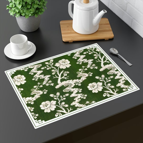 Green Chinoiserie Art Prints, White Willow Flowers Tree Floral Place Mat, Retro Asian Dining Table Mat, 18"x14"