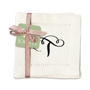Jolitee Set of 6 Elegant Linen Cocktail Napkins with Initials &#39;T&#39; - Personalized Table Napkins - Hemstitched, Easy Care - 6x6 inches