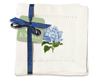 Jolitee Linen Cocktail Napkins 6x6, Hemstitch Cocktail Napkins Coasters, Washable Cloth Napkins Decorative (Hydrangea)