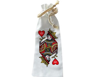 Jolitee Reusable Canvas Wine Bottle Gift Bag – “Queen of Hearts Card” – Playful Card-Inspired Design for Wine Lovers