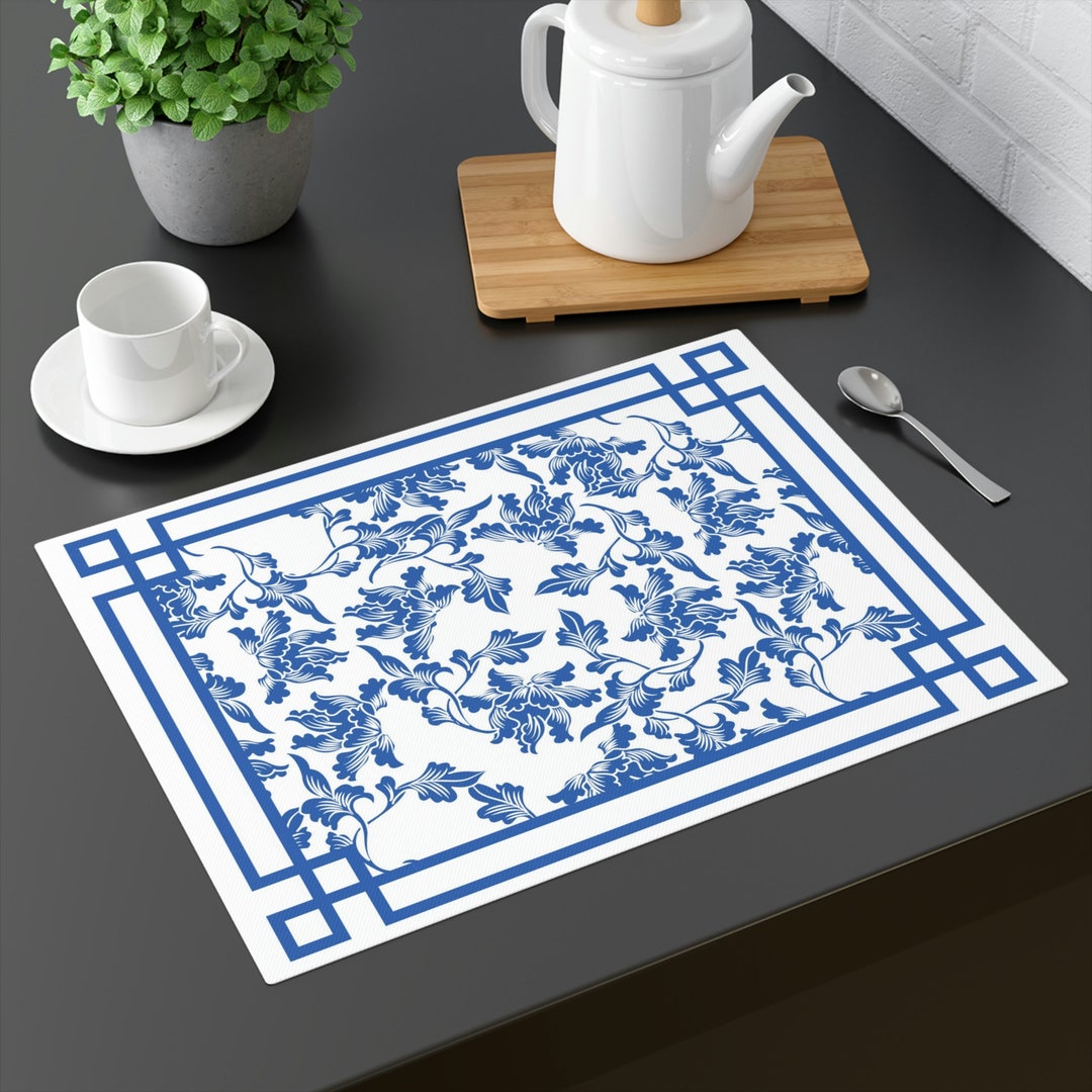 Chinoiserie Art Print Floral Placemats, Blue Chinoiserie Placemat ...