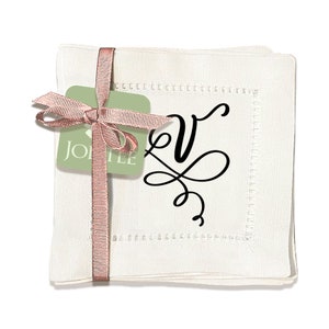 Jolitee Set of 6 Elegant Linen Cocktail Napkins with Initials &#39;V&#39; - Personalized Table Napkins - Hemstitched, Easy Care - 6x6 inches