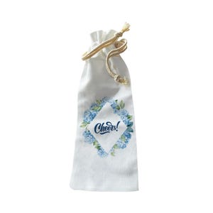 Jolith „Cheers!“ Weinflasche Geschenkbeutel - Wiederverwendbarer Kordelzug Weinbeutel mit blauem Hortensie Blumendruck