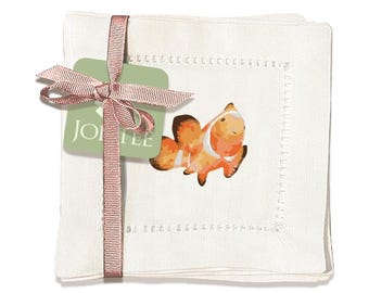 Jolitee Linen Cocktail Napkins 6x6, Hemstitch Cocktail Napkins Coasters, Washable Cloth Napkins Decorative (Sea Life)