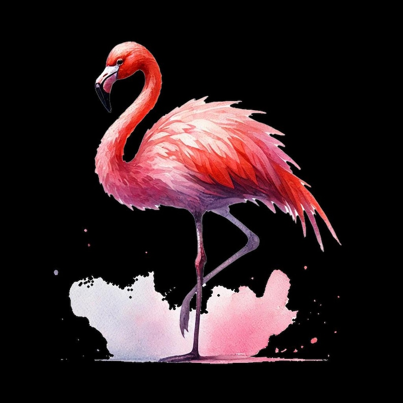 May include: A pink flamingo with a long neck and long legs stands on one leg in a watercolor-style illustration. The flamingo is standing on a pink and white watercolor background.