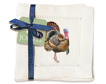 Handmade Linen Cocktail Napkins, Turkey Illustration, Hemstitch (6x6)