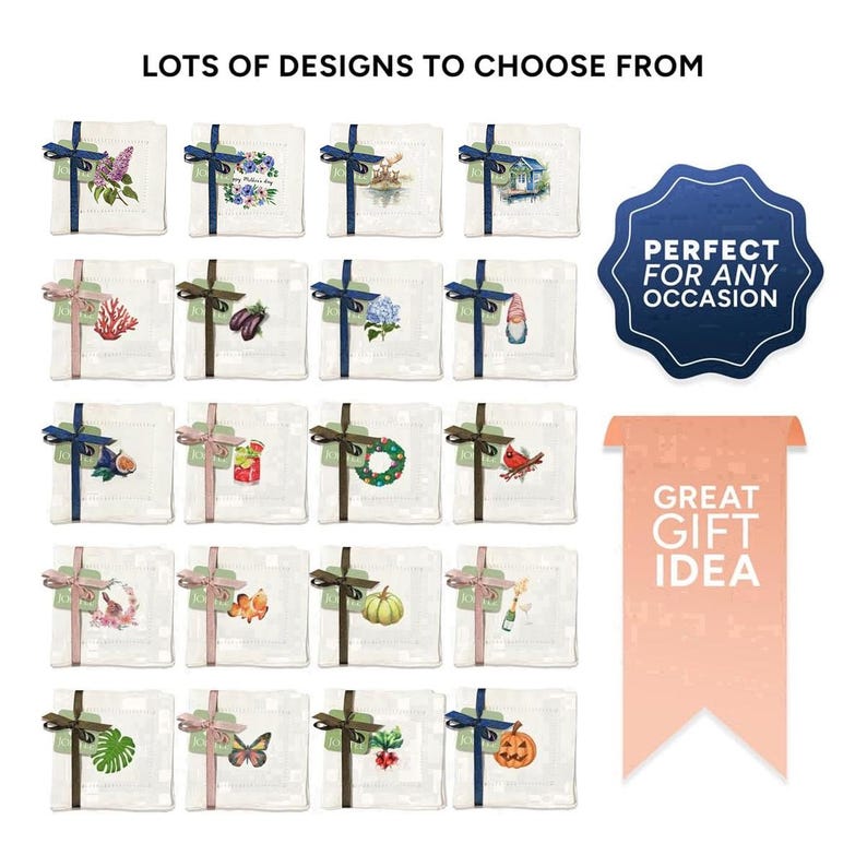 May include: A collection of 20 different tea towel designs, each featuring a unique illustration. The designs include a variety of themes, such as flowers, vegetables, animals, and holidays. The tea towels are all white with a light gray checkered pattern. The text "Lots of designs to choose from" is at the top of the image. The text "Perfect for any occasion" is in a blue circle at the top right of the image. The text "Great gift idea" is in a pink rectangle at the bottom right of the image.