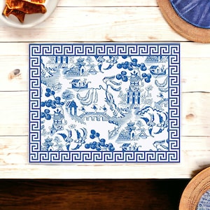 Blue and White Chinoiserie Art Print Pattern Disposable Paper Placemats for Toddlers Table Setting 24 Pieces, 11x17 Inches (Toile Pagoda)