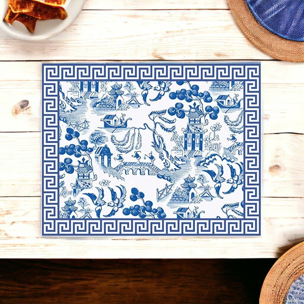 Blue and White Chinoiserie Art Print Pattern Disposable Paper Placemats for Toddlers Table Setting 24 Pieces, 11x17 Inches (Toile Pagoda)