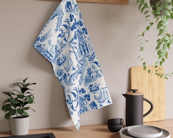 Blue Willow Chinoiserie Art Print Pattern Toile Pagoda Cute Kitchen Towels, Hanging Towels Gifts for the Cook, 18" × 30"