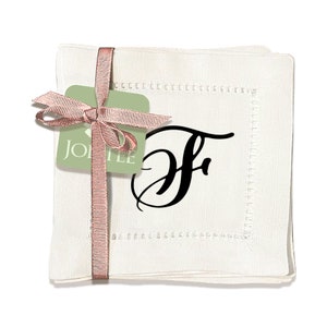 Jolitee Set of 6 Elegant Linen Cocktail Napkins with Initials &#39;F&#39; - Personalized Table Napkins - Hemstitched, Easy Care - 6x6 inches
