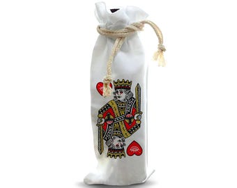 Jolitee Wine Bottle Gift Bag – Reusable Drawstring Canvas Bag with King of Hearts Playing Card Print