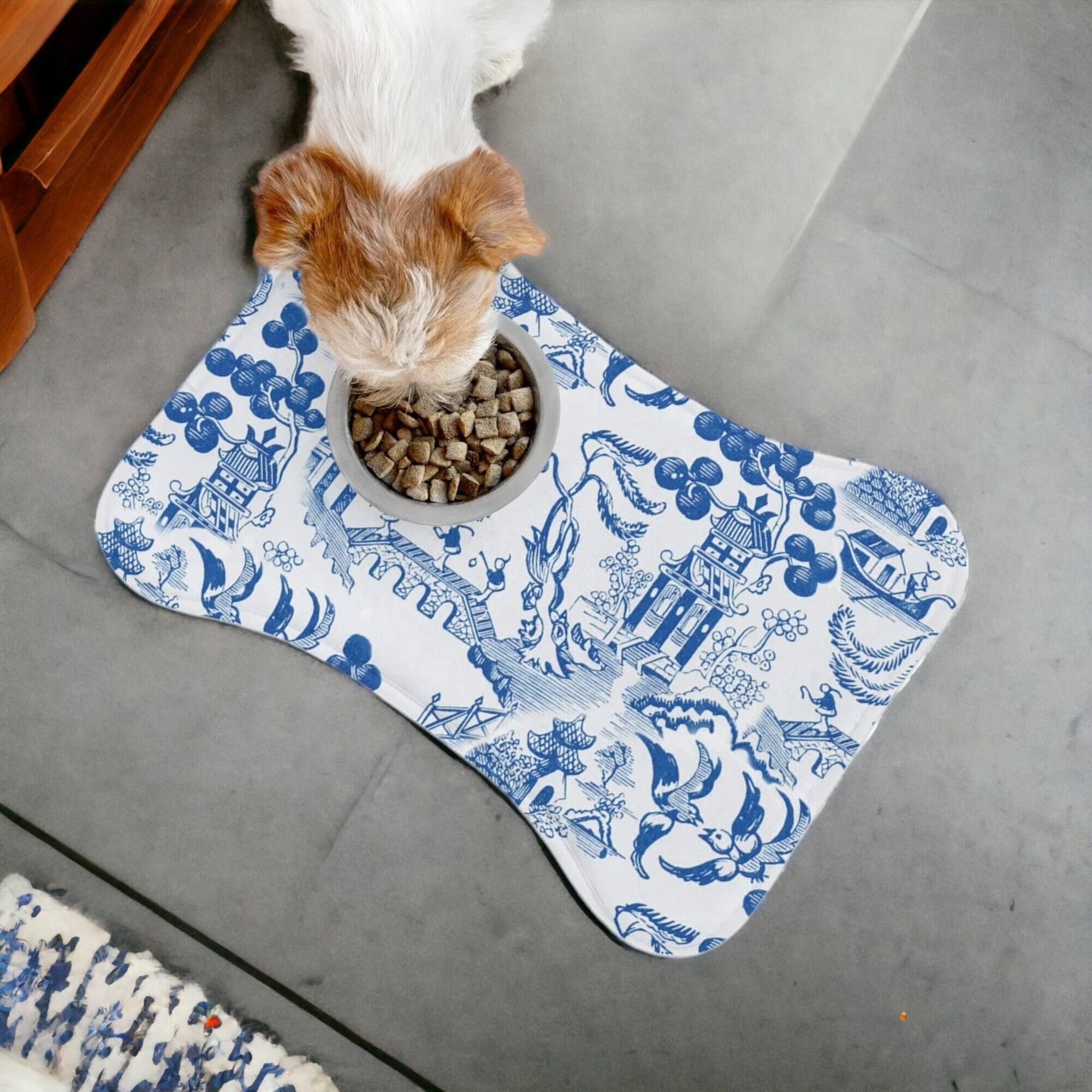Caspari Dog Toile Die-Cut Pet Bowl Mat in Blue