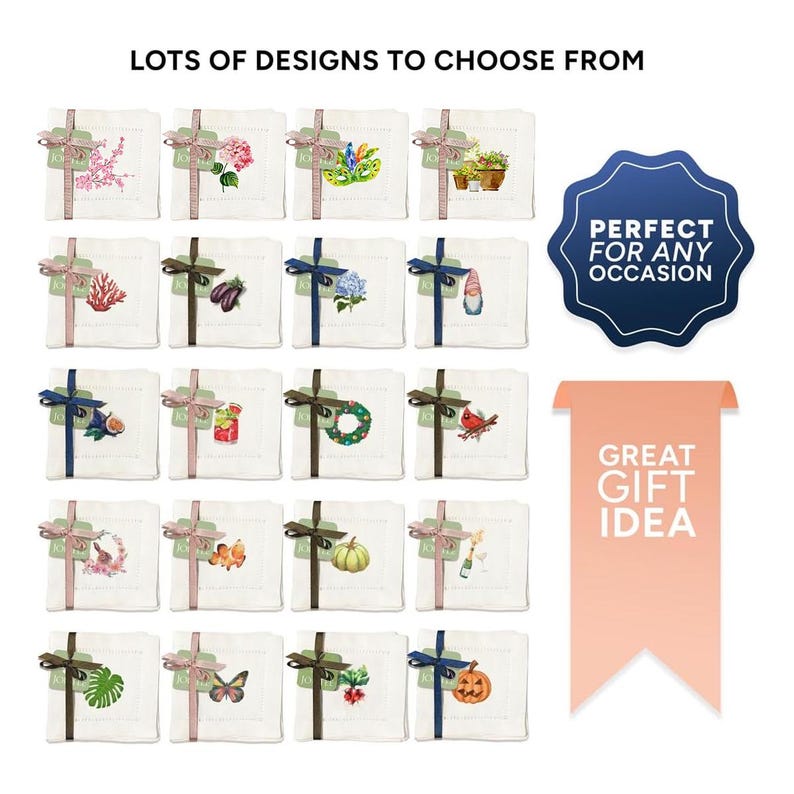 May include: A collection of 18 white linen tea towels with various embroidered designs. The designs include a variety of floral, animal, and holiday themes. The towels are tied with a ribbon and have a tag that says "Lots of designs to choose from".