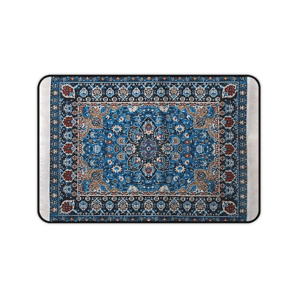 Persian Rug Pattern, Blue Floral Desk Mat, Distressed Unique Rug Design, Colorful Geometric Vintage Kilim Desk Mouse Pad, 12x18 Inches