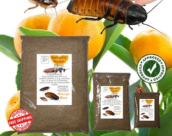 Specialist roach chow ORANGE BLAST Dubia Cockroach, Madagascar Hissing Cockroach, Redrunner Feeder roaches breeding colonies, Cockroach food