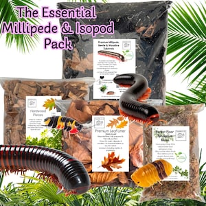May include: The Essential Millipede & Isopod Pack, a collection of substrates and supplies for millipedes and isopods. Includes hardwood pieces, leaf litter, sphagnum moss, and a premium substrate mix. The image also shows several millipedes and isopods.