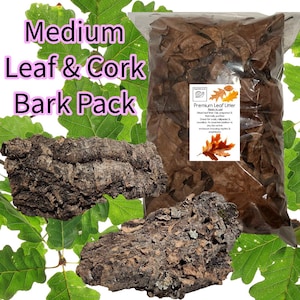 May include: A clear plastic bag filled with brown leaves, alongside two pieces of dark brown cork bark. The text "Medium Leaf & Cork Bark Pack" is displayed in pink and purple. A label reads "Premium Leaf Litter".