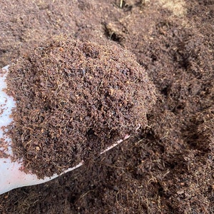 May include: A close-up of a hand holding a pile of brown coconut coir, a natural soil amendment.