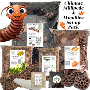 May include: A Millipede & Woodlice Set-up Pack, containing substrates and components for a bioactive enclosure. Includes hardwood pieces, forest floor sphagnum moss, and premium leaf litter. The image also features a cartoon millipede and the text "Ultimate Millipede & Woodlice Set-up Pack."