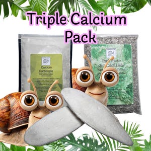 May include: An image of a 'Triple Calcium Pack' product. The image shows two bags of calcium products, a cartoon snail, and two white cuttlefish bones. The text on the bags reads 'Calcium Carbonate' and 'Oyst Shell Flakes'.