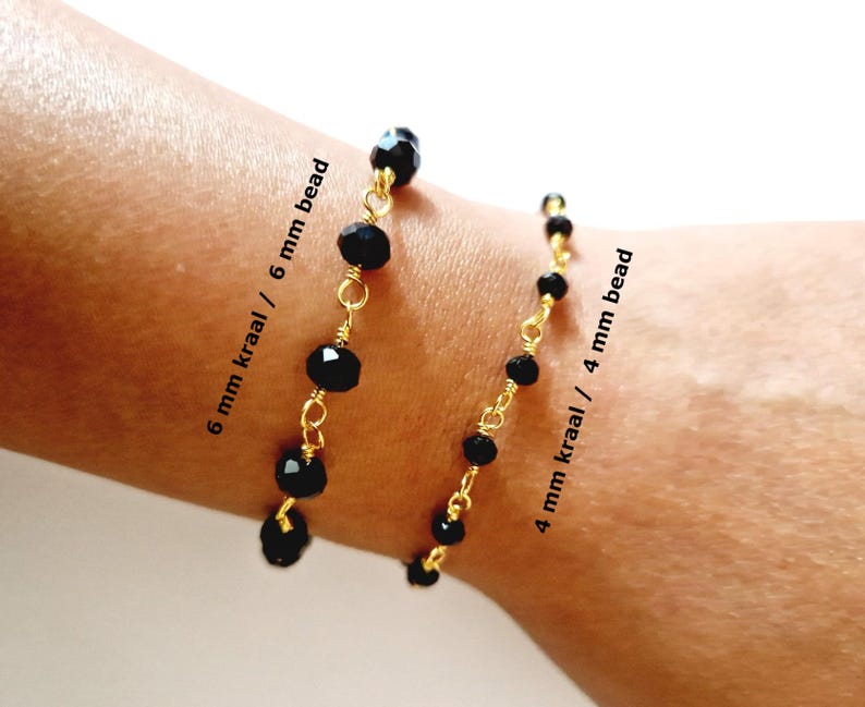 May include: Two black beaded bracelets with gold-colored wire. One bracelet has 6 mm beads, and the other has 4 mm beads. The text on the image reads "6 mm bead" and "4 mm bead".