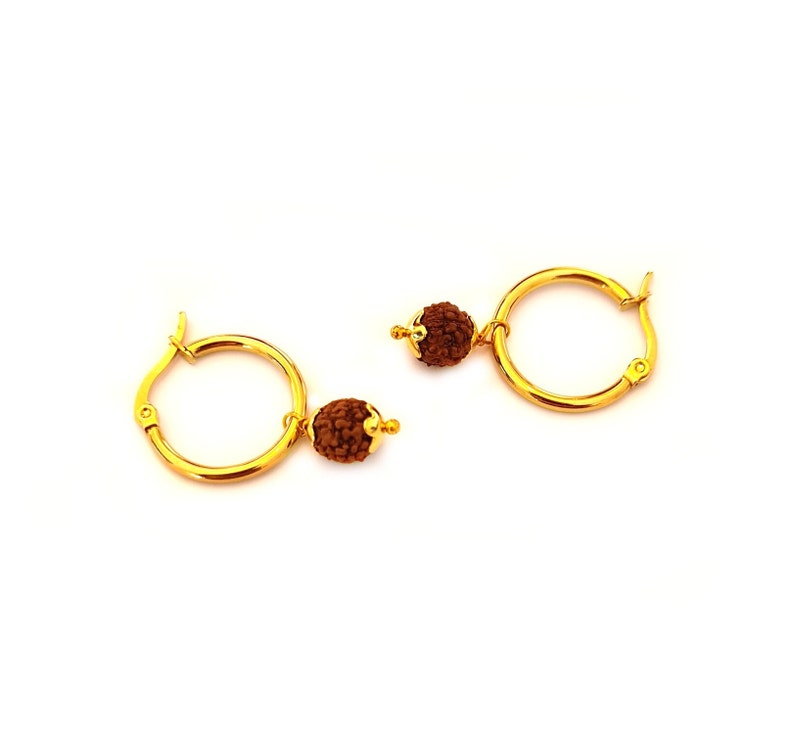 May include: A pair of gold hoop earrings with a brown bead charm hanging from each hoop.