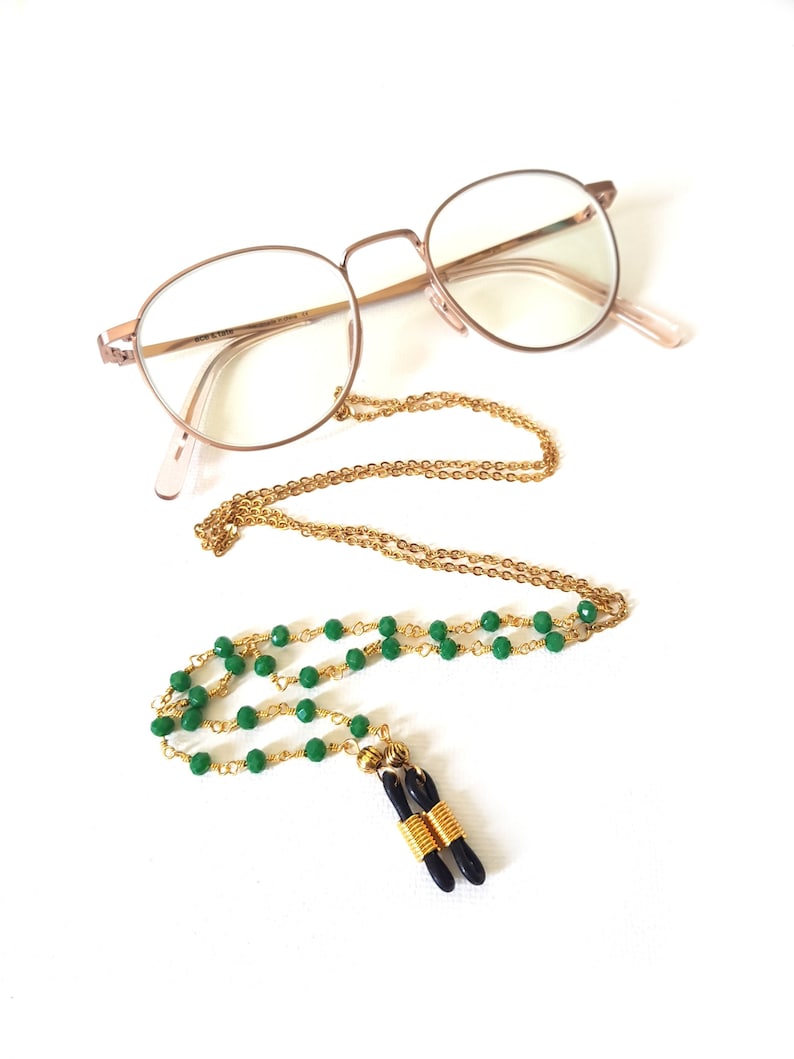 Brillenkette, Sonnenbrillenkette, Brillenband, goldenes Brillenband, grünes Brillenband, Brillenbandperlen, Brillenkettenperlen, Brille Bild 1