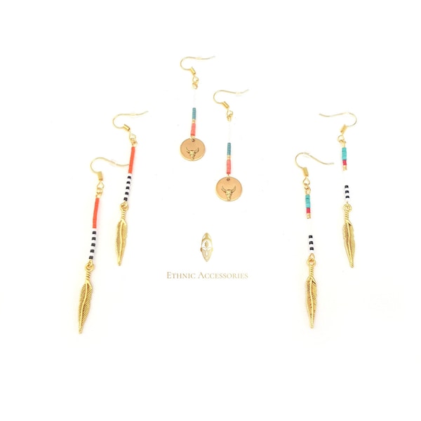 Native American earrings, feather earrings, miyuki earrings, beaded earrings, gold earrings, ethnic earrings, bohemian, bizon earrings