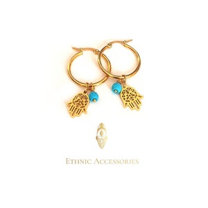 Khamsa, khamsa earrings, creoles, gold earrings, hamsa, ethnic earrings, fatima hand, blue earrings, earrings, ethnic jewelry, ear weights